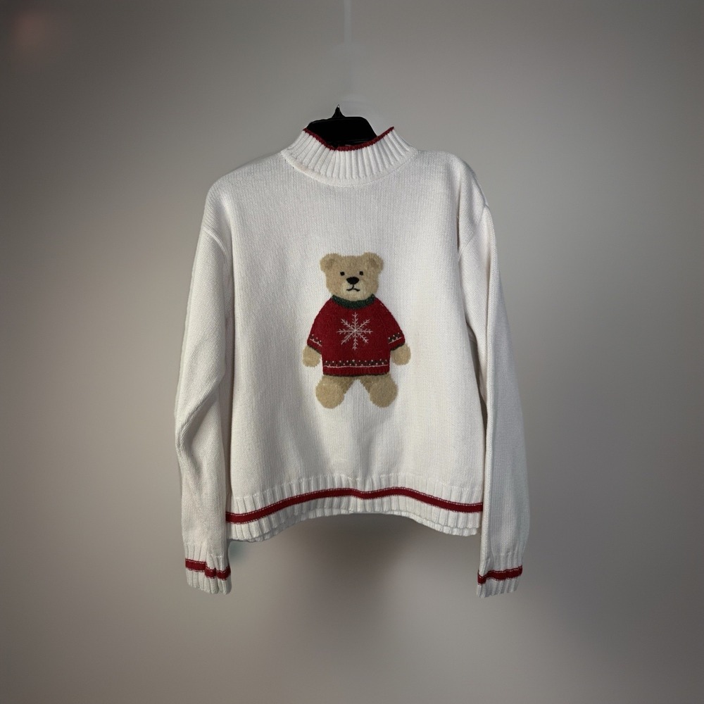 Vtg Liz Sport Claiborne Sz XL Teddy Bear White Sweater Mock Neck Classic Holiday